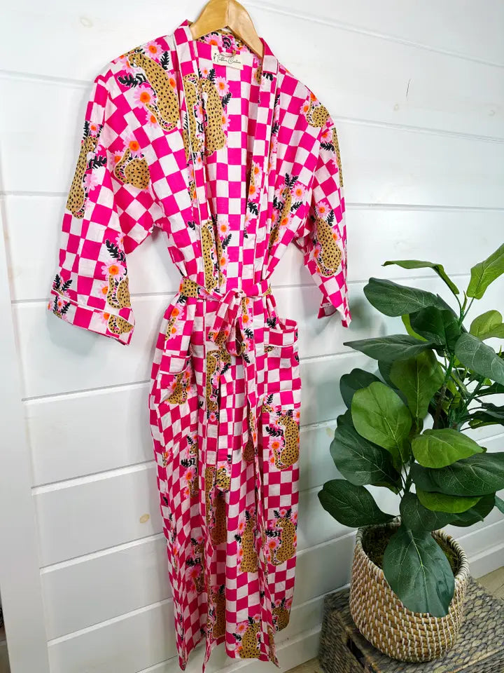 Pink Check Jaguar Women's Cotton Robe | Kimono Robes