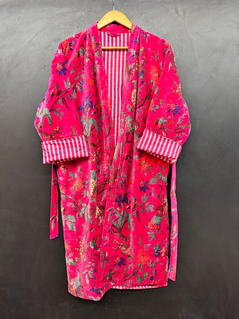 Pink Bird Print Velvet Kimono Robes, Morning Tea Velvet Coat