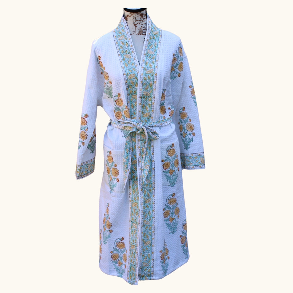 Sloan Rider Robe Bluebell & Saffron - Waffle Cotton Women Robe