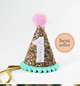 Confetti Hat, Aqua Trim and Pink Tinsel Pom
