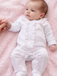 Baby Girl White Ruffle Footie with Pink Trim - Soft Pima Cotton